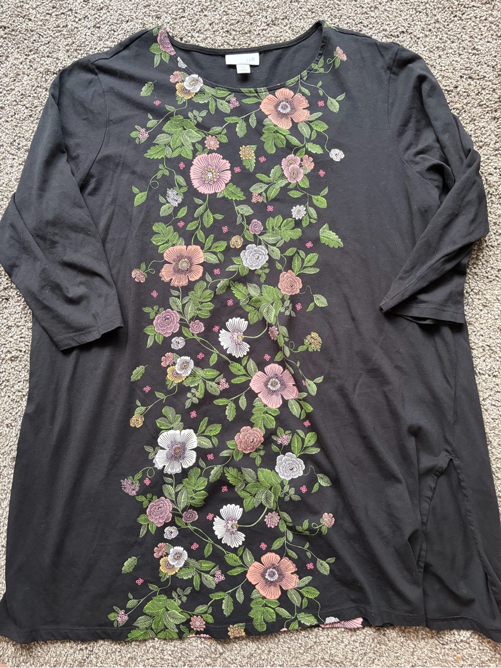 J. Jill Black Long-Sleeve Shirt with Pink and Green Floral Print